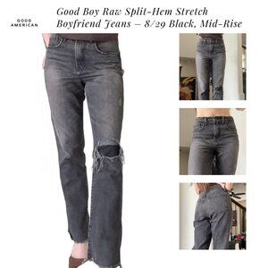 Good American Good Boy Raw Split-Hem Stretch Boyfriend Boodcut Jeans